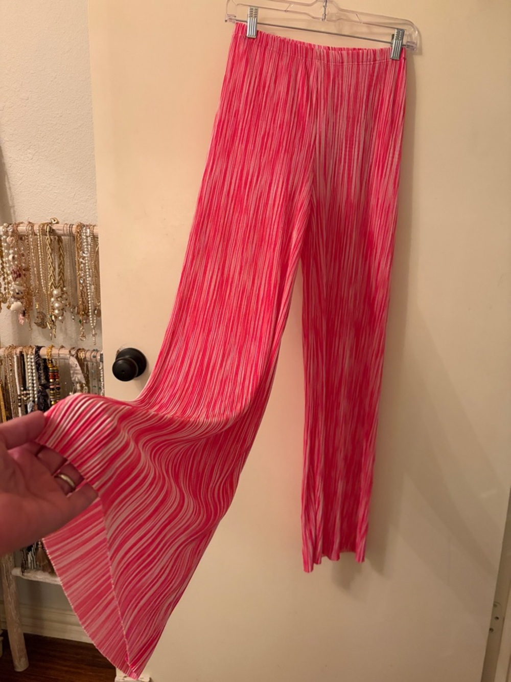 Bright Pink Striped Wide-Leg Pleated Pants